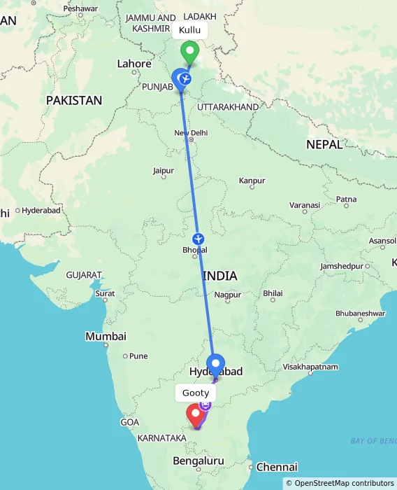 Route map showing distance and travel time from Kullu, India to Gooty, India