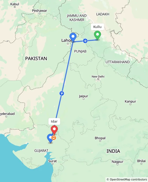 Route map showing distance and travel time from Kullu, India to Idar, India