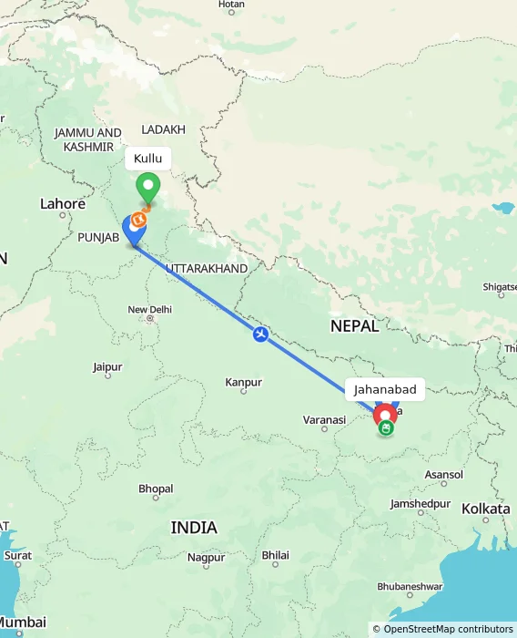 Route map showing distance and travel time from Kullu, India to Jahanabad, India