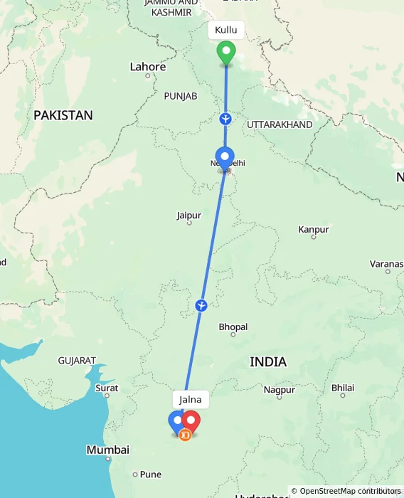Route map showing distance and travel time from Kullu, India to Jalna, India