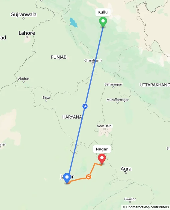 Route map showing distance and travel time from Kullu, India to Nagar, India