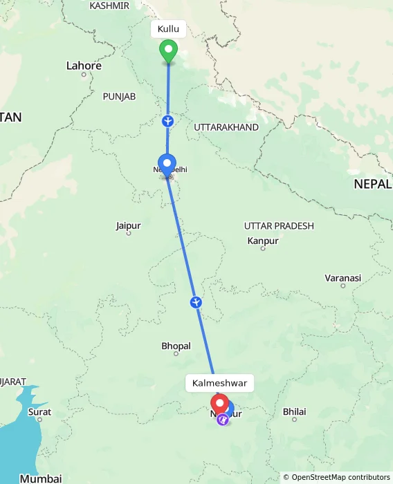 Route map showing distance and travel time from Kullu, India to Kalmeshwar, India