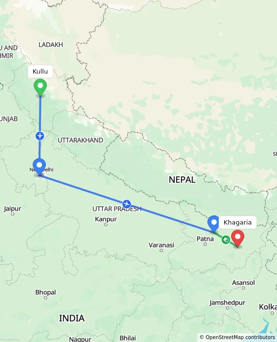 Route map showing distance and travel time from Kullu, India to Khagaria, India