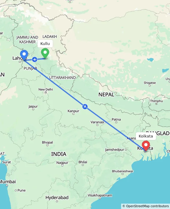 Route map showing distance and travel time from Kullu, India to Kolkata, India