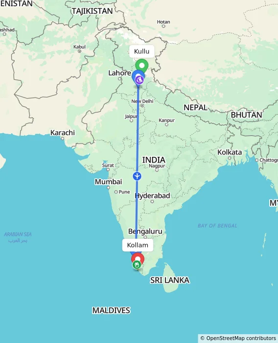 Route map showing distance and travel time from Kullu, India to Kollam, India