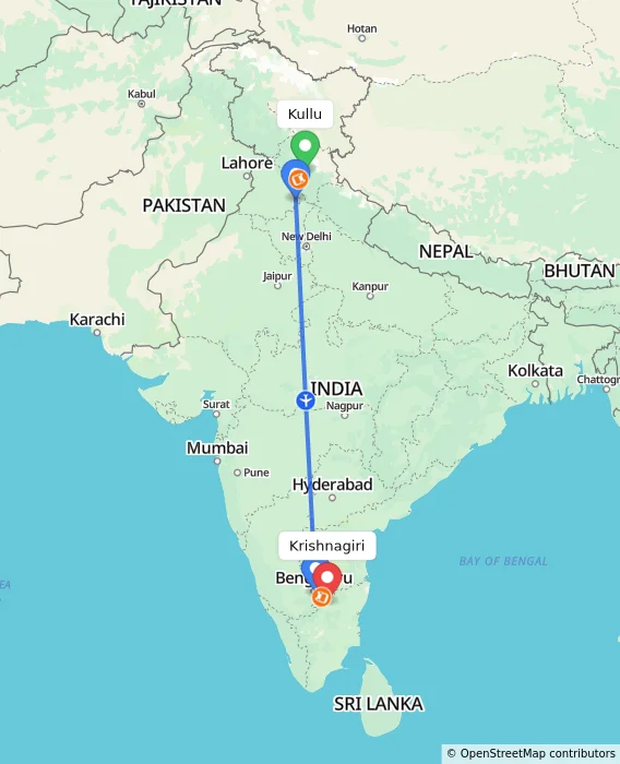 Route map showing distance and travel time from Kullu, India to Krishnagiri, India