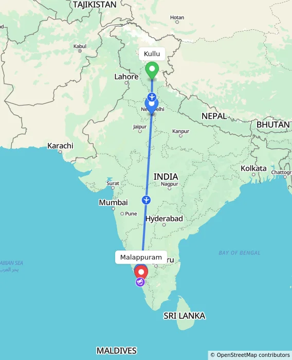 Route map showing distance and travel time from Kullu, India to Malappuram, India