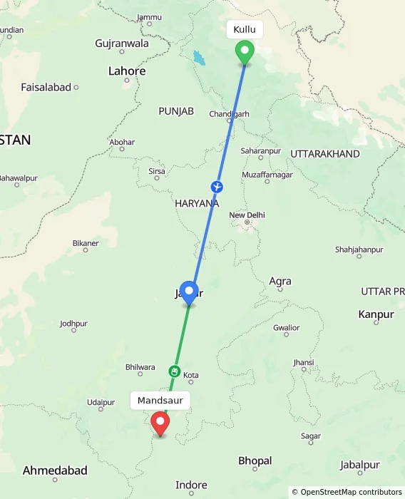 Route map showing distance and travel time from Kullu, India to Mandsaur, India