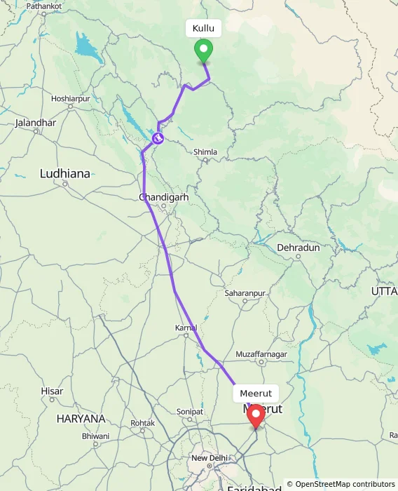 Route map showing distance and travel time from Kullu, India to Meerut, India
