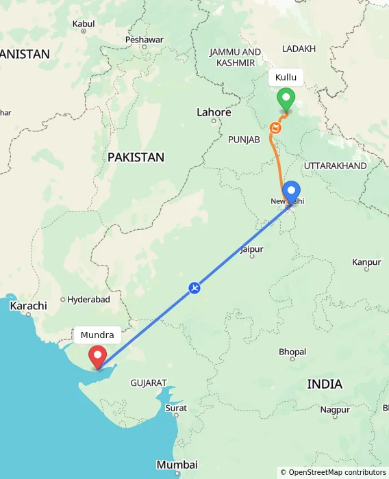 Route map showing distance and travel time from Kullu, India to Mundra, India