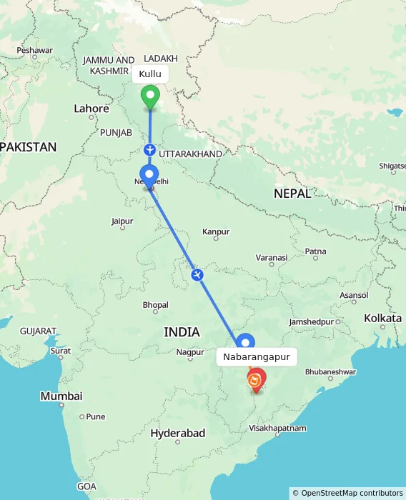 Route map showing distance and travel time from Kullu, India to Nabarangapur, India