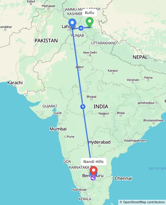 Route map showing distance and travel time from Kullu, India to Nandi Hills, India