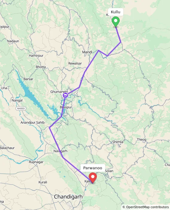 Route map showing distance and travel time from Kullu, India to Parwanoo, India