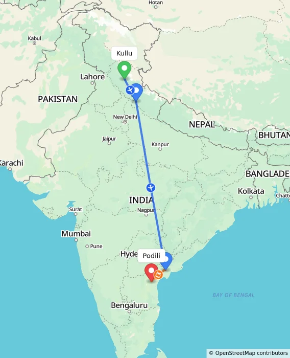 Route map showing distance and travel time from Kullu, India to Podili, India