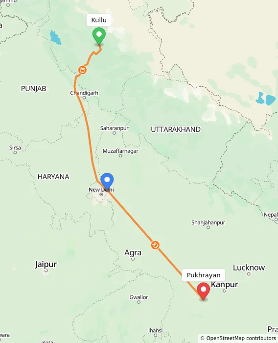 Route map showing distance and travel time from Kullu, India to Pukhrayan, India