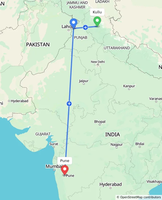 Route map showing distance and travel time from Kullu, India to Pune, India