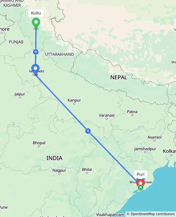 Route map showing distance and travel time from Kullu, India to Puri, India