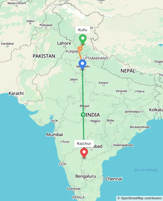 Route map showing distance and travel time from Kullu, India to Raichur, India
