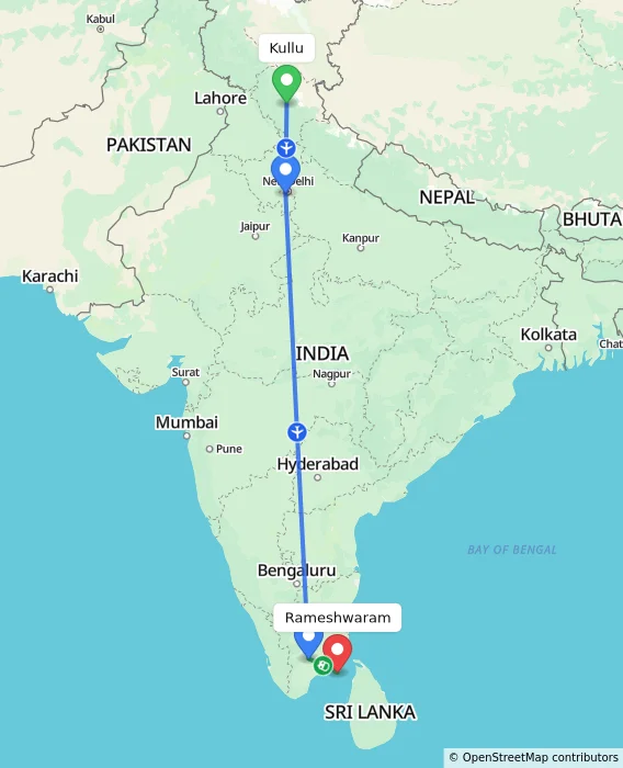 Route map showing distance and travel time from Kullu, India to Rameshwaram, India