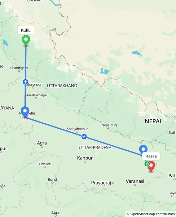 Route map showing distance and travel time from Kullu, India to Rasra, India