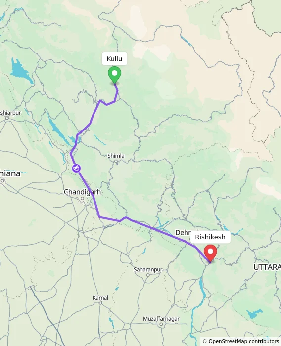 Route map showing distance and travel time from Kullu, India to Rishikesh, India