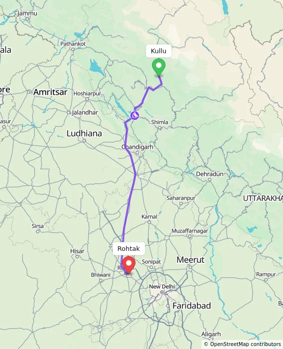 Route map showing distance and travel time from Kullu, India to Rohtak, India