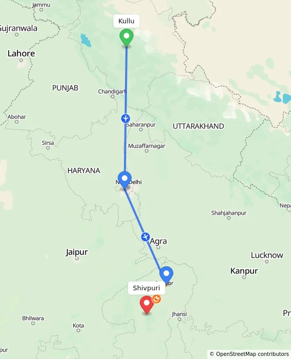 Route map showing distance and travel time from Kullu, India to Shivpuri, India
