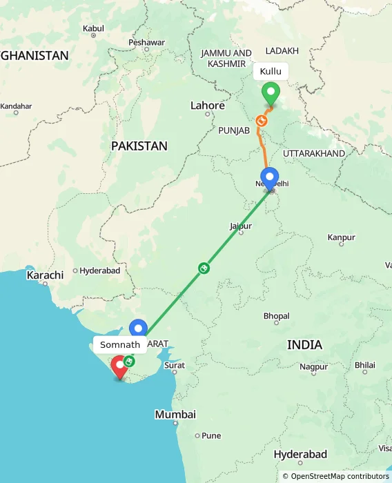 Route map showing distance and travel time from Kullu, India to Somnath, India