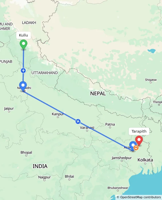 Route map showing distance and travel time from Kullu, India to Tarapith, India