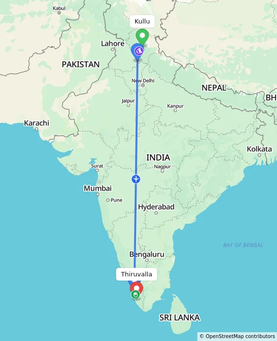 Route map showing distance and travel time from Kullu, India to Thiruvalla, India