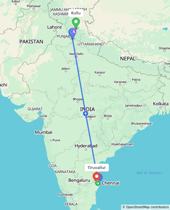 Route map showing distance and travel time from Kullu, India to Tiruvallur, India