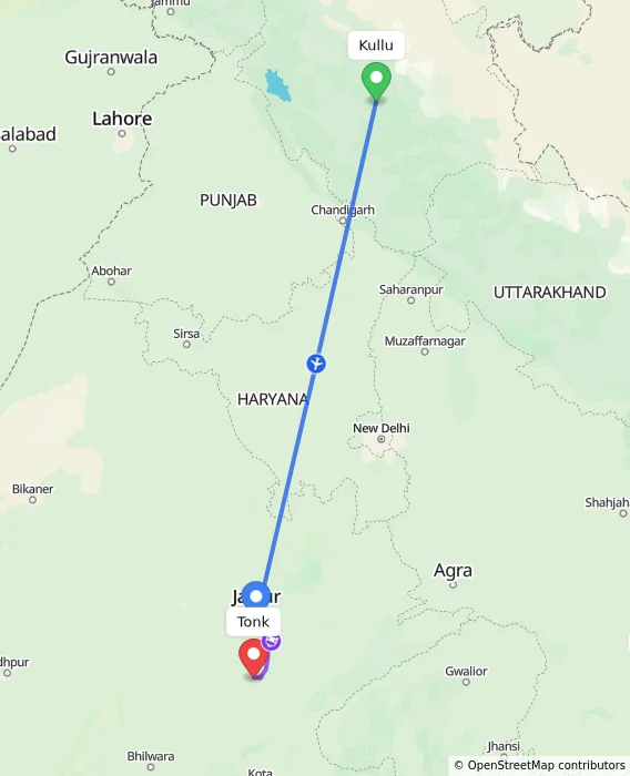 Route map showing distance and travel time from Kullu, India to Tonk, India
