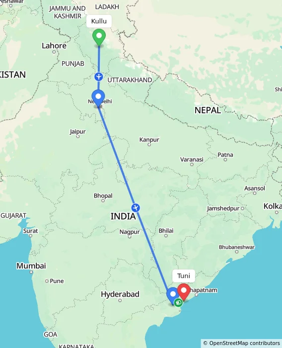 Route map showing distance and travel time from Kullu, India to Tuni, India