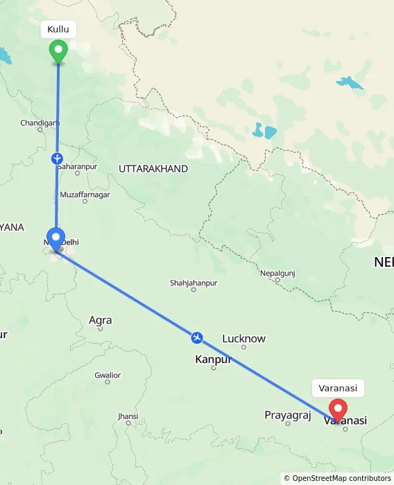 Route map showing distance and travel time from Kullu, India to Varanasi, India