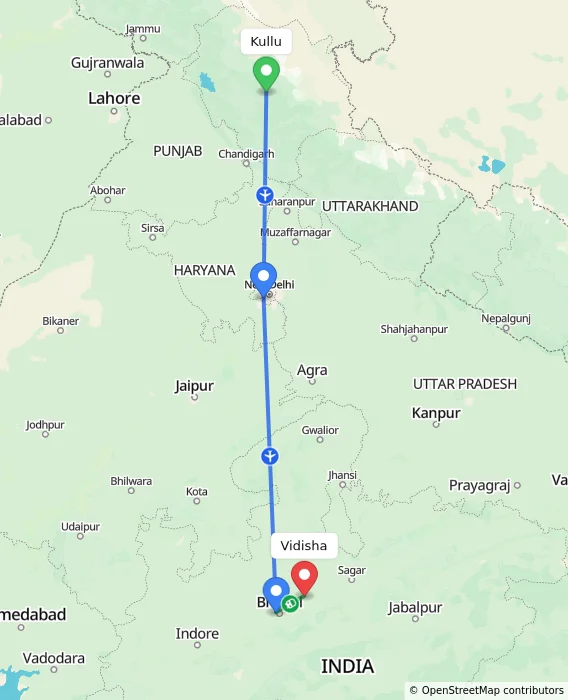 Route map showing distance and travel time from Kullu, India to Vidisha, India