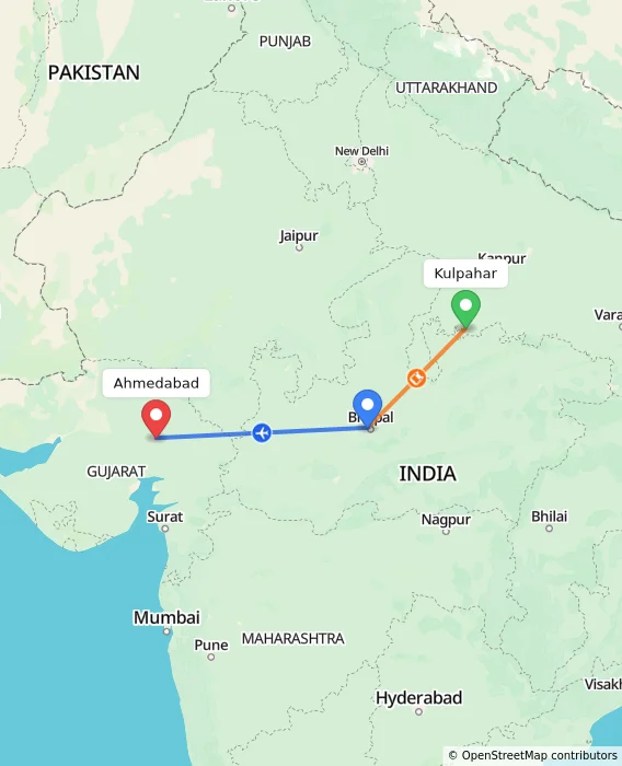Route map showing distance and travel time from Kulpahar, India to Ahmedabad, India