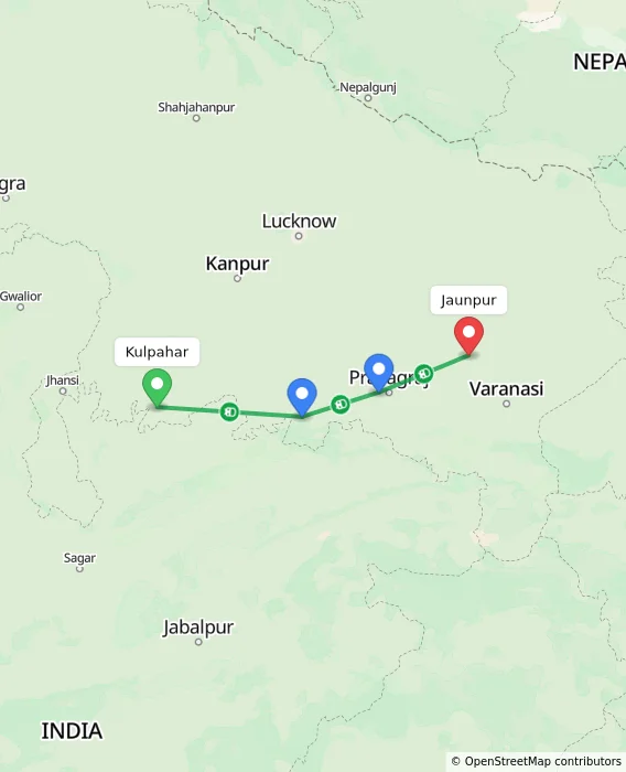 Route map showing distance and travel time from Kulpahar, India to Jaunpur, India