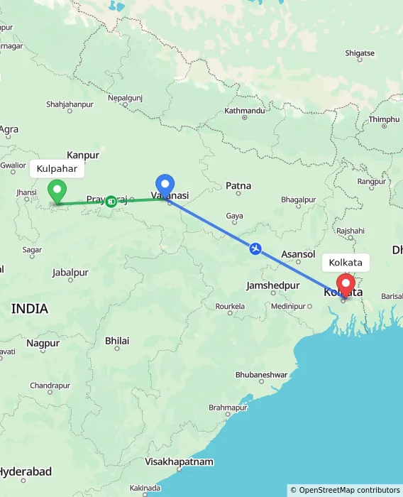 Route map showing distance and travel time from Kulpahar, India to Kolkata, India