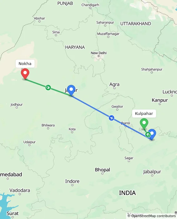 Route map showing distance and travel time from Kulpahar, India to Nokha, India
