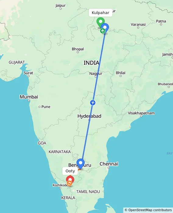 Route map showing distance and travel time from Kulpahar, India to Ooty, India