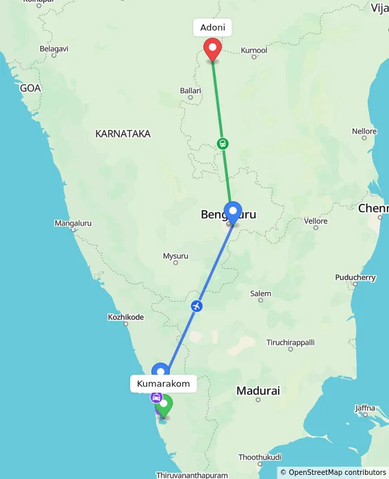 Route map showing distance and travel time from Kumarakom, India to Adoni, India