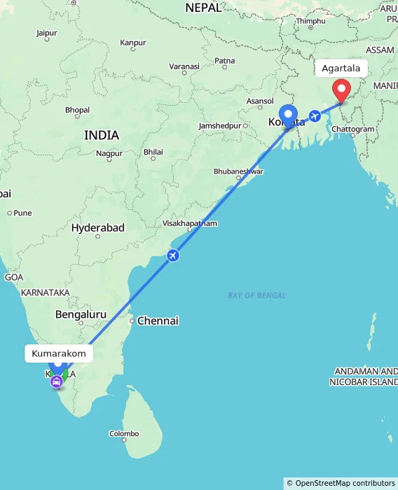 Route map showing distance and travel time from Kumarakom, India to Agartala, India
