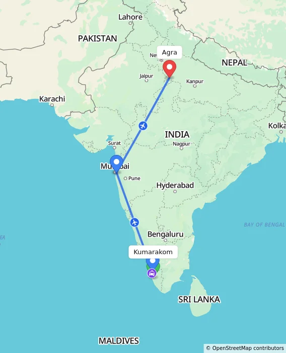 Route map showing distance and travel time from Kumarakom, India to Agra, India