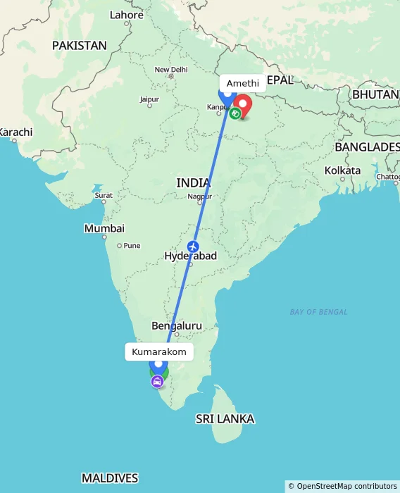 Route map showing distance and travel time from Kumarakom, India to Amethi, India