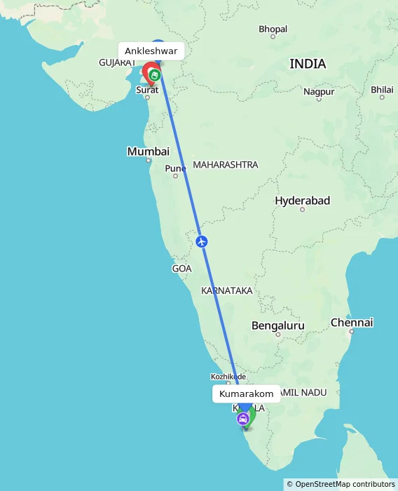 Route map showing distance and travel time from Kumarakom, India to Ankleshwar, India