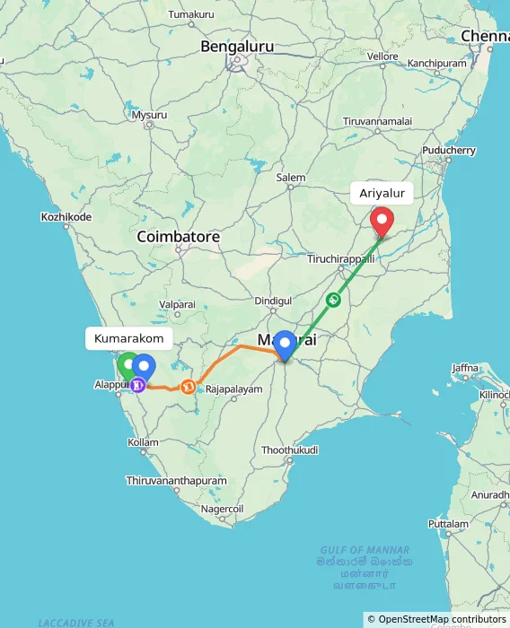Route map showing distance and travel time from Kumarakom, India to Ariyalur, India