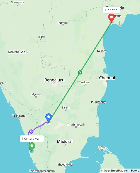 Route map showing distance and travel time from Kumarakom, India to Bapatla, India