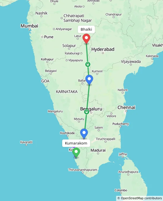 Route map showing distance and travel time from Kumarakom, India to Bhalki, India