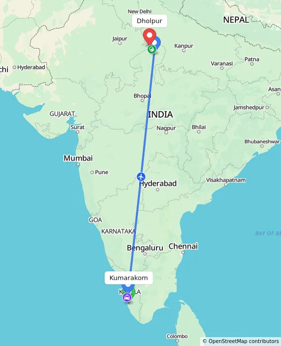 Route map showing distance and travel time from Kumarakom, India to Dholpur, India