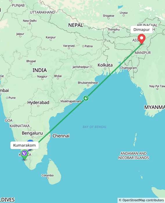 Route map showing distance and travel time from Kumarakom, India to Dimapur, India